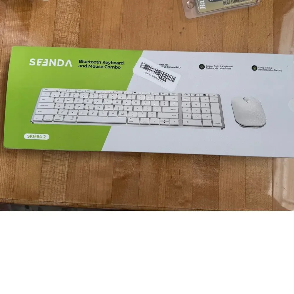 seenda COS500 Bluetooth Keyboard and Mouse, Slim, White/Silver Rechargeable